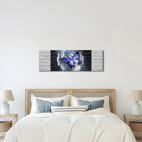 Tablou - Fluture violet pe perete (cu ceas) (90x30 cm)