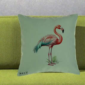 Perna Decorativa Flamingo Roz cu Pene Teal, 40x40 cm, Verde, Husa Detasabila, Perna Inclusa, BEKZ®