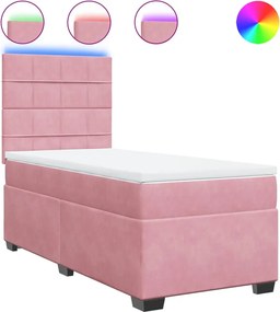 vidaXL Pat box spring cu saltea, roz, 90x200 cm, catifea