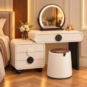 Set ORELIS – Masă de Toaletă pentru Machiaj, Oglindă iluminată LED, Control Touch, 5 sertare, Comodă laterală, Taburet tapițat, Alb