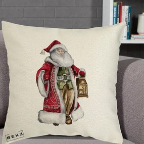 Perna Decorativa Mos Craciun Vintage cu Felinar, 40x40 cm, Ecru, Husa Detasabila, Perna Inclusa, BEKZ®