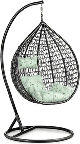 Scaun suspendat negru KOKON cu suport, perna verde deschis cu model