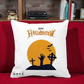 Perna Decorativa Happy Halloween Cimitir cu Luna, 40x40 cm, Alba Mata, Husa Detasabila, Perna Inclusa, BEKZ®