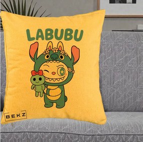 Perna Personalizata Labubu x Stitch cu Flori, 40x40 cm, Galben, Husa Detasabila, Perna Inclusa, BEKZ®