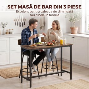 HOMCOM Set Masă de Bar cu 2 Scaune Înalte, Spătar, Suport pentru Picioare, MDF, Metal, 100x40x90,5 cm, Maro Rustic | Aosom Romania