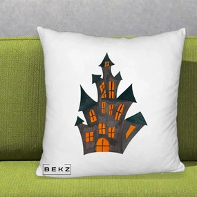 Perna Decorativa Halloween Casa Bantuita Minimalista, 40x40 cm, Alb Pufos, Husa Detasabila, Perna Inclusa, BEKZ®