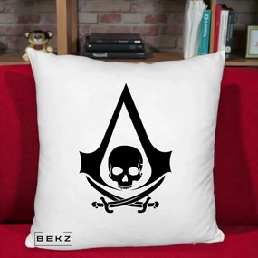 Perna Personalizata Assassin's Creed Black Flag Skull, 40x40 cm, Alb Pufos, Husa Detasabila, Perna Inclusa, BEKZ®