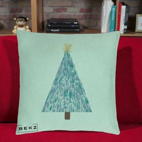 Perna Decorativa Brad de Craciun Acrilic Albastru, 40x40 cm, Verde Menta, Husa Detasabila, Perna Inclusa, BEKZ®