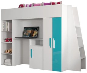 Pat pentru copii combinat 90 cm Puro 15 (alb mat + alb lucios + Turcoaz lucios). 1087094