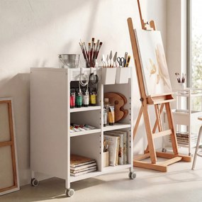 HOMCOM Raft pe roți, 4 niveluri, polițe reglabile &amp; coșuri suspendabile pentru birou de acasă și living, Alb | Aosom Romania