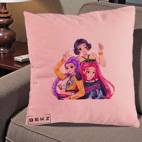 Perna Personalizata K-pop HUNTRX Trio Animat Fete Foto, 40x40 cm, Roz, Husa Detasabila, Perna Inclusa, BEKZ®