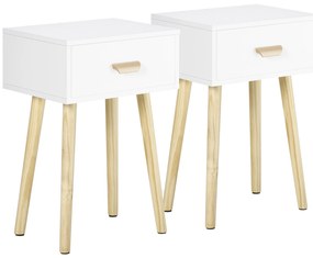 HOMCOM Set de 2 Noptiere cu Sertar și Picioare de Lemn pentru Dormitor Sufragerie Pat Birou 40,5x30,5x60 cm Alb | Aosom Romania