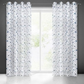 Draperie decorativă subtilă alb-albastră, cu motiv floral Lungime: 250 cm