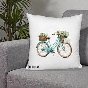 Perna Decorativa Bicicleta Teal cu Cosuri Duble de Flori Vintage, 40x40 cm, Alb Pufos, Husa Detasabila, Perna Inclusa, BEKZ®