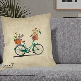 Perna Decorativa Bicicleta Florala Turcoaz Acuarela, 40x40 cm, Crem, Husa Detasabila, Perna Inclusa, BEKZ®