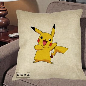 Perna Personalizata Pikachu Fericit, 40x40 cm, Crem, Husa Detasabila, Perna Inclusa, BEKZ®