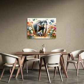 Tablou pe sticlă - Mama elefant, acuarelă (70x50 cm)