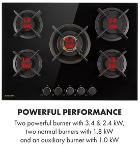 Goldflame 5, plită pe gaz, 5 arzătoare din aramă, ceramică din sticlă, negru