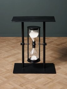 Măsuță laterală îngustă din metal, negru, cu clepsidră din sticlă pe pivot, 60 x 50 x 30 cm, „Time traveler”