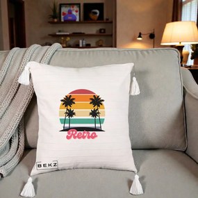 Perna Decorativa Retro Sunset Palmieri, 40x40 cm, Bej cu Franjuri, Husa Detasabila, Perna Inclusa, BEKZ®