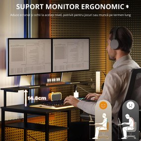 HOMCOM Birou în formă de L cu Stație de Încărcare, Birou de colț pentru calculator cu Suport pentru Monitor și Rafturi, pentru biroul acasă, birou, Negru | Aosom Romania