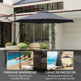 Outsunny Umbrelă de Soare cu Corzi Anti-Vânt, Orificii de Aerisire, Bază în Cruce și Manivelă, Φ290x243 cm, Gri | Aosom Romania