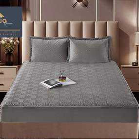 Husa de pat matlasata si 2 fete de perne din catifea, cu elastic, model tip topper, pentru saltea 160x200 cm, gri, HTC-40