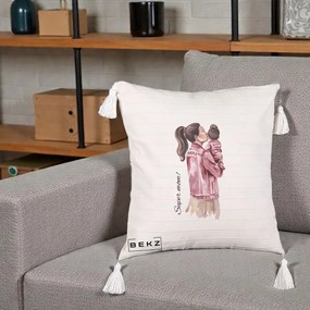 Cadou pentru Mama - Perna Personalizata Super Mom Jachete Roz, 40x40 cm, Bej cu Franjuri, Husa Detasabila, Perna Inclusa, BEKZ®