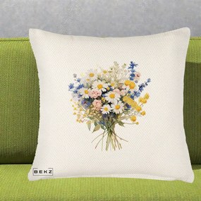 Perna Decorativa Buchet Camp Acuarela Margarete-Lavanda, 40x40 cm, Crem Reliefat, Husa Detasabila, Perna Inclusa, BEKZ®