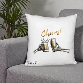 Perna Decorativa Halloween Cheers Schelete cu Bere, 40x40 cm, Alb Pufos, Husa Detasabila, Perna Inclusa, BEKZ®