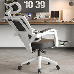 RESIGILAT- Scaun ergonomic cu suport lombar, tetieră reglabilă 3D, suport pentru picioare, Mesh, Alb/Negru