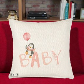 Perna Personalizata Baby Pinguin Roz, 40x40 cm, Crem Reliefat, Husa Detasabila, Perna Inclusa, BEKZ®