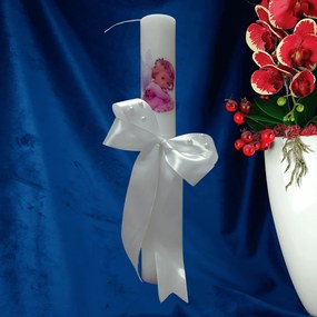 Lumanare botez Ingeras decorata cu alb 7 cm, 35 cm