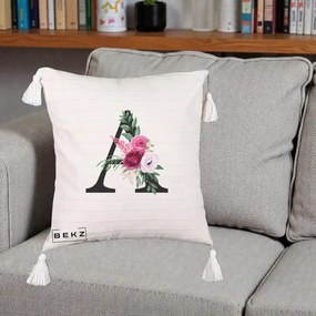 Cadou Personalizat - Perna Personalizata Monograma Florala Litera A, 40x40 cm, Bej cu Franjuri, Husa Detasabila, Perna Inclusa, BEKZ®