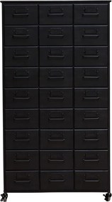 Dulap cu sertare vintage industrial din metal, negru, cu 27 de sertare, port-etichete și roți cu frână, finisaj antichizat, 132 x 76 x 37 cm, „Office”