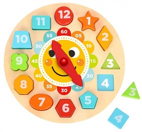 Ceas puzzle 3D din lemn masiv NOVOKIDS™ Wooden Happy Clock, 14 piese, Cu forme geometrice si Numere, Materiale Eco, Multicolor