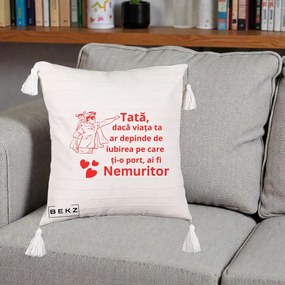 Cadou pentru Tata - Perna Personalizata Tata Nemuritor cu Fetita, 40x40 cm, Bej cu Franjuri, Husa Detasabila, Perna Inclusa, BEKZ®