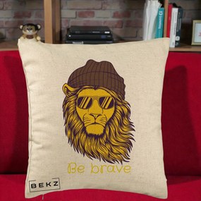 Perna Decorativa Leu Hipster Be Brave, 40x40 cm, Bej, Husa Detasabila, Perna Inclusa, BEKZ®