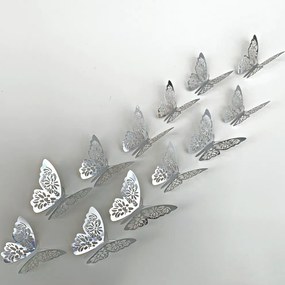 Autocolant de perete "Fluturi metalici - Argint 2" 12 buc 7x11 cm