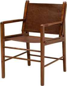 Scaun de dining din piele maro, cu structură din lemn de acacia, finisaj natural lucios, 90×60×66 cm, „Arius"