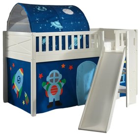 Pat ridicat pentru copii SCOTT, alb, 90 x 200 cm, din pin scandinav și MDF, cu scară frontală, tobogan, perdea de joacă și tunel ASTRO – Vipack
