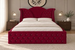Pat tapițat Chesterfield din catifea Velora Deluxe 180×200 cm, vișiniu, cu ladă de depozitare