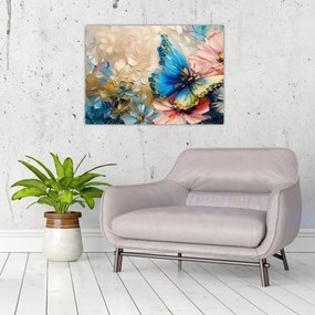 Tablou pe sticlă - Pictura de flori și fluturi (70x50 cm)