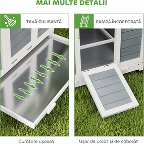 PawHut Coteț din Lemn cu 2 Cuiburi, Coteț Exterior pentru Găini cu Acoperiș Rezistent la Apă, Tavă Detașabilă și Prăjini, Adăpost pentru 2-4 Găini, Rațe, Grădină, 150x100x96,5 cm, Gri | Aosom Romania