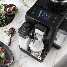 Mașină de espresso DeLonghi Rivelia Onyx Black EXAM440.55.B, 1450 W, 19 bari, 1,4 L, 16 băuturi, Aroma, LatteCrema Hot, Twin Shot, Bean Adapt, ecran tactil TFT, negru mat