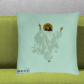 Perna Decorativa Iisus Hristos Invierea Silueta Minimalista, 40x40 cm, Verde Menta, Husa Detasabila, Perna Inclusa, BEKZ®