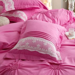Lenjerie de pat uni cu pliuri si broderie, tesatura tip finet, 6 piese, pat 2 persoane, roz, FNJS-49