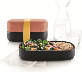 Set 2 recipiente pentru alimente Lekue On The Go 1010221, 2x500 ml, Inchidere ermetica, Compartiment tacamuri, Supapa pentru cuptorul cu microunde, Coral/Negru