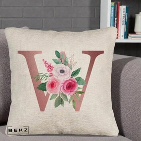Cadou Personalizat - Perna Personalizata Monograma Rose Gold Litera W cu Trandafiri si Anemona, 40x40 cm, Bej Canapea, Husa Detasabila, Perna Inclusa, BEKZ®
