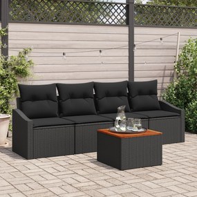 vidaXL Set de canapea de grădină 5 piese cu perne, negru, din rattan polimeric, acacia
